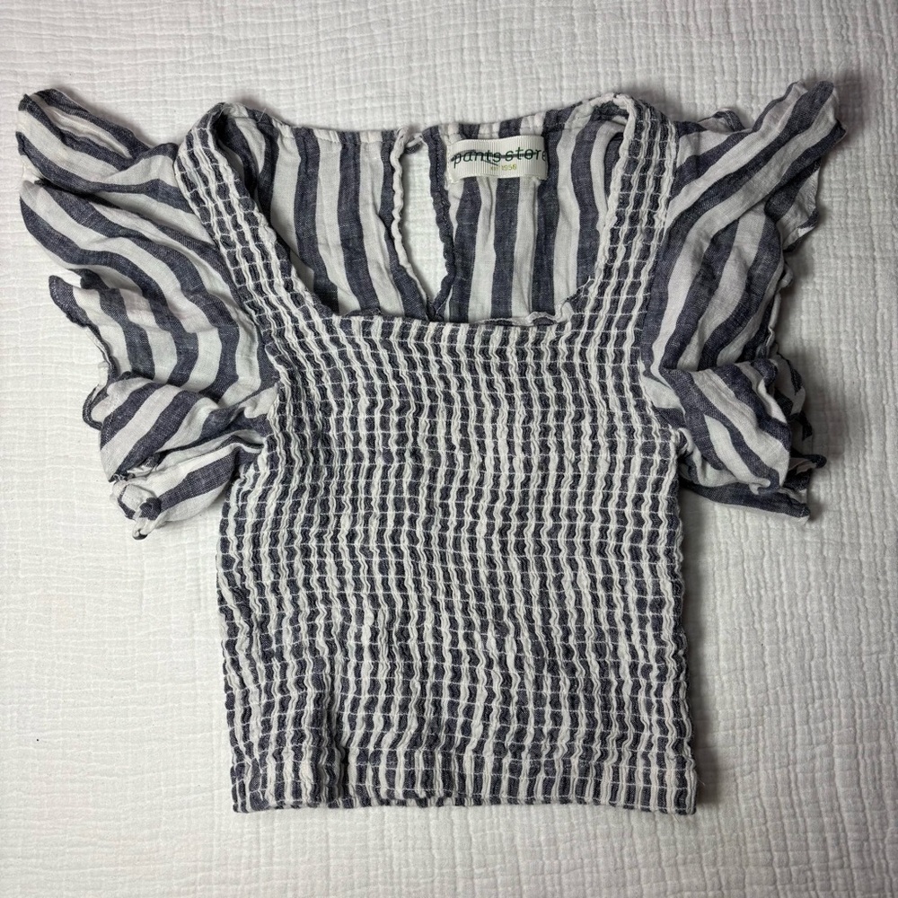 Pants Store Chic Blue Striped Ruffle Crop Top - Picture 2 of 5